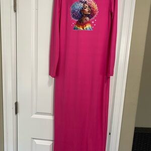 Vibrant Pink Long Sleeve Dress with Colorful Graphic-Medium Bodycon